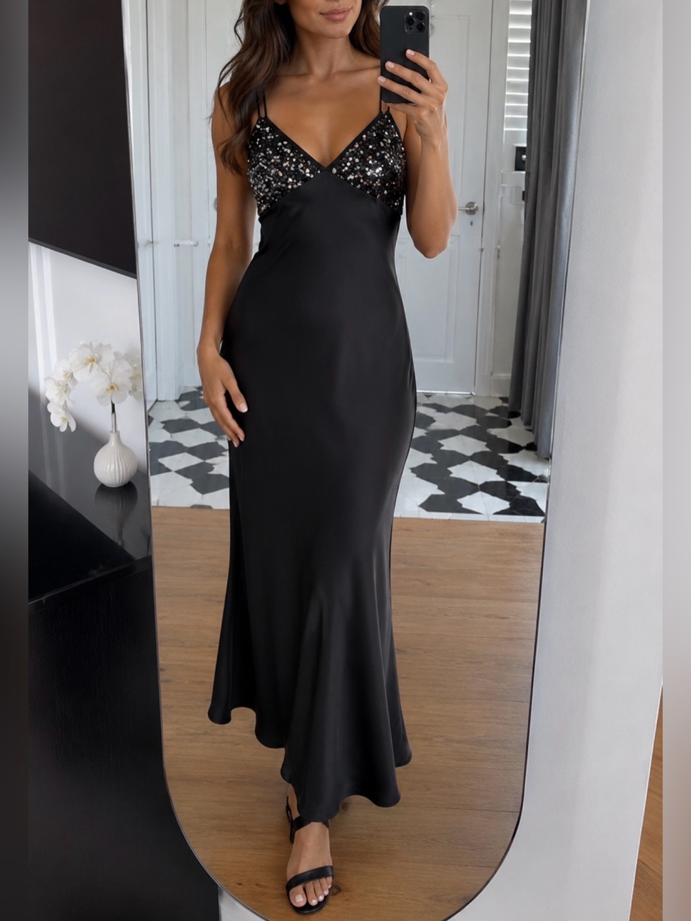 Zara contrasting sequin slip midi dress in black Size S